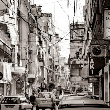 A street in Beirut, Lebanon, with overhead power cables