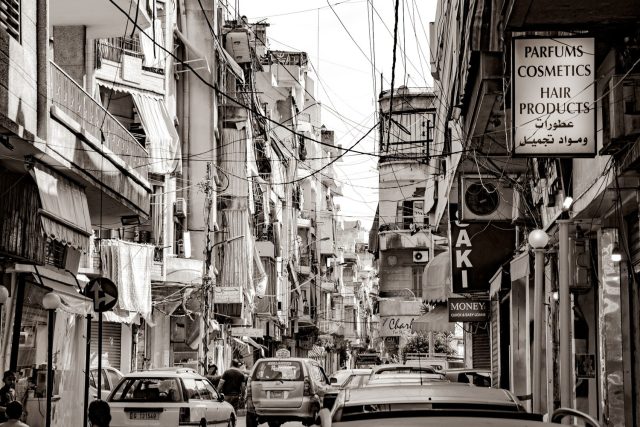 A street in Beirut, Lebanon, with overhead power cables