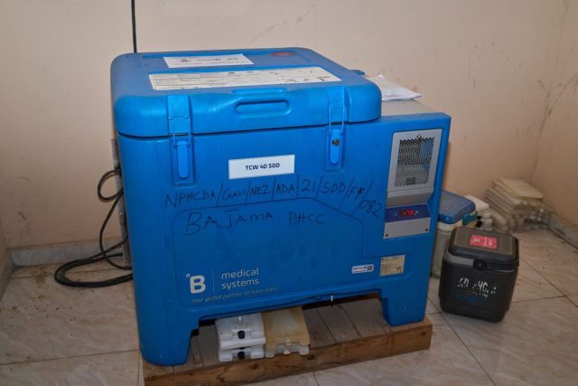 A blue vaccine cold box used for off-grid refrigeration