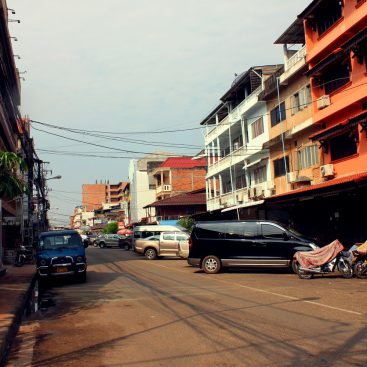 A street in Vientiane, Lao PDR, lined with shops